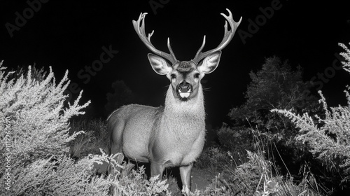 Night Vision Trail Camera Capture of Sika Deer Stag in New Zealand’s Kaimanawa Ranges, Featuring Infrared Thermal Imaging During Roar Season.