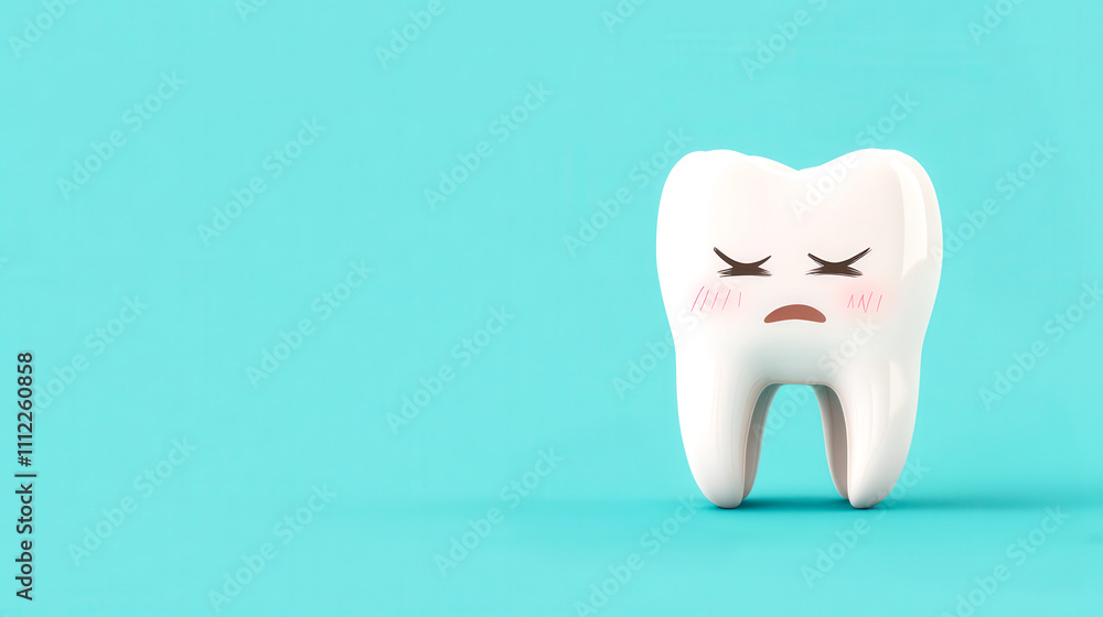 A cartoon tooth with a sad expression stands against a light blue background, symbolizing dental pain or discomfort. A cartoon tooth with a sad expression stands against a light blue background, symbolizing dental pain or discomfort.