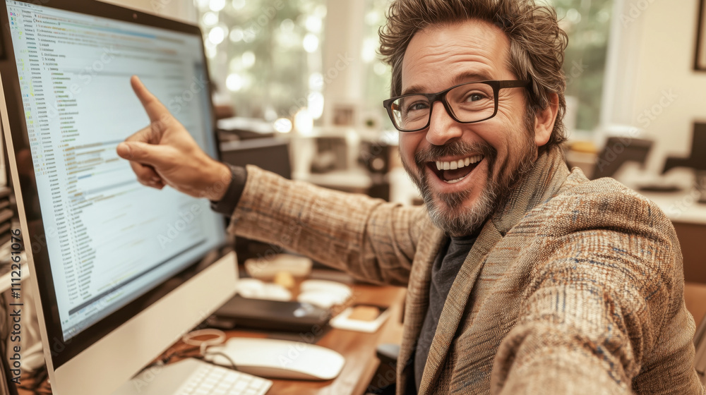 A man is smiling and pointing at a computer monitor A man is smiling and pointing at a computer monitor