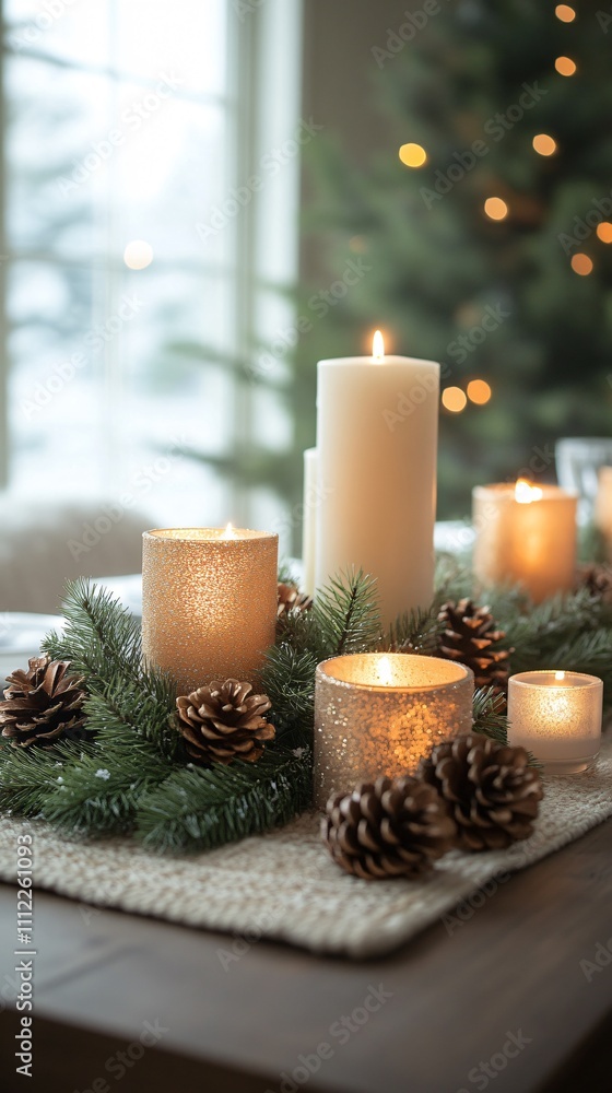 Close-up of Christmas table with candles Close-up of Christmas table with candles