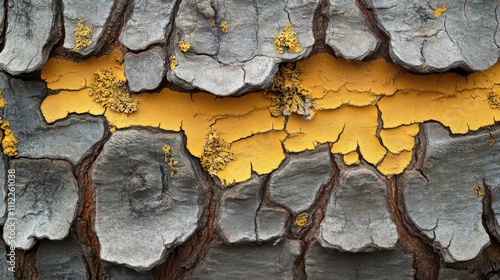 Gray Tree Bark with Yellow Paint and Lichen photo