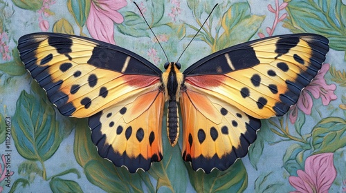 A Yellow And Black Butterfly On Floral Fabric photo