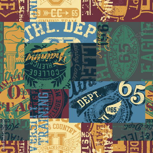 College athletic department sporting vintage graphics patchwork grunge vector seamless pattern for boy kid man wear fabric t shirt sweatshirt 