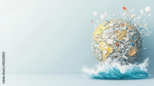 A vibrant, abstract globe composed of various elements is emerging from ocean waves, symbolizing creativity and the interconnectedness of ideas. photo