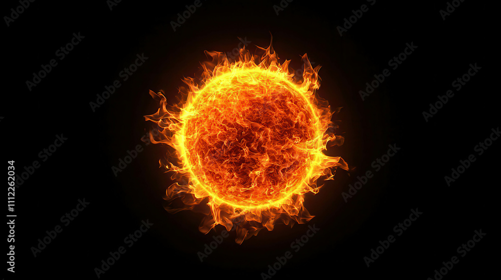 Fototapeta premium Bright Burning Fireball Close Up on Black Background with Intense Flames