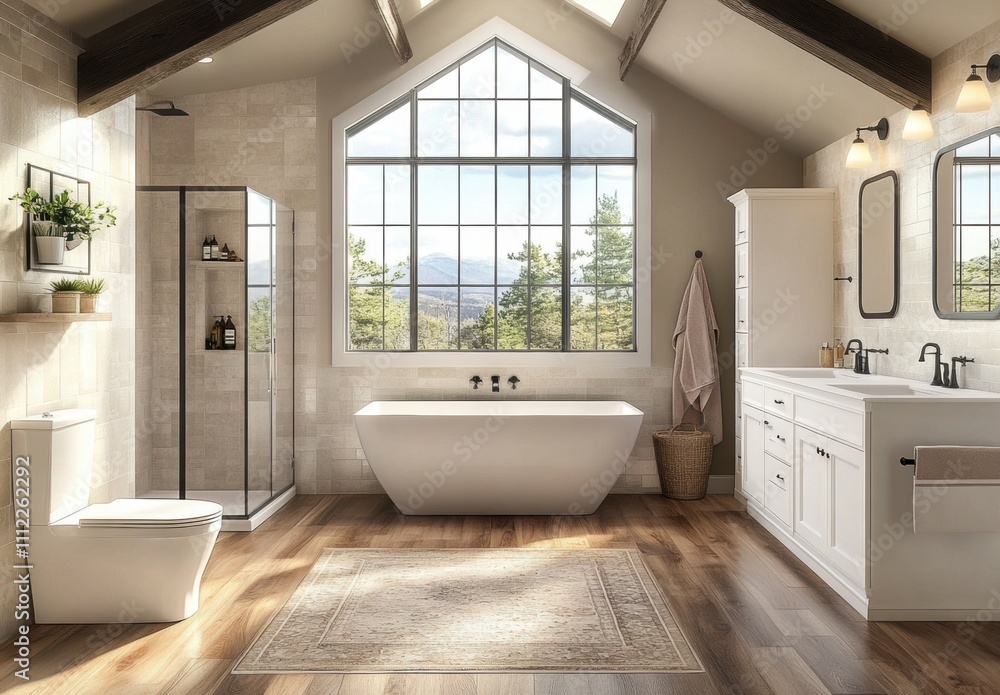 Modern bathroom interior design showcasing a freestanding bathtub, vanity, glass shower, and large windows with scenic mountain views in a serene atmosphere