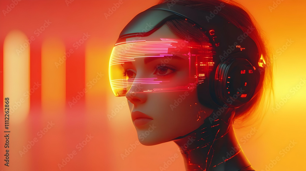 Future Tech: Girl in Headset, Neon Lights, Cyberpunk Future Tech: Girl in Headset, Neon Lights, Cyberpunk