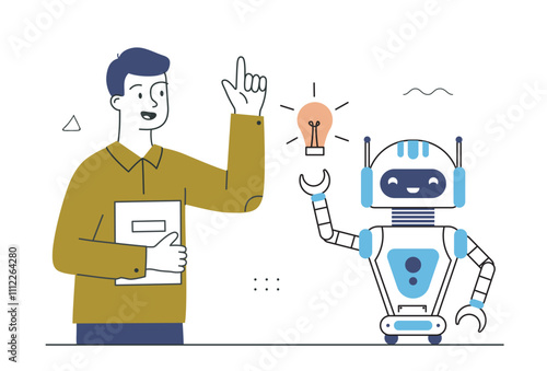 Artificial intelligence apps. Man brainstorming with robot. Virtual helper and assistant. Workflow automation. Human and bot with idea. Linear vector illustration photo