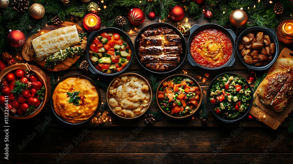 Festive New Year Table with Traditional Dishes from Diverse Cultures Festive New Year Table with Traditional Dishes from Diverse Cultures
