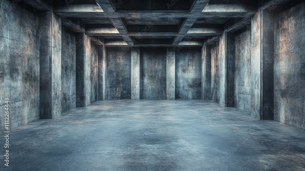 A dark grunge concrete room with a grid ceiling A dark grunge concrete room with a grid ceiling