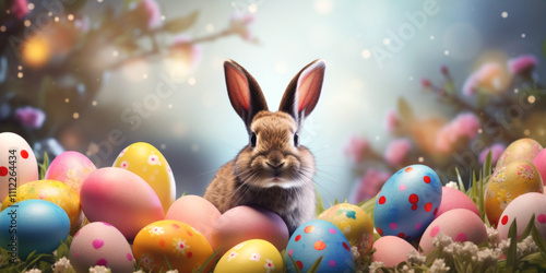 Easter background with eggs, bunnies and flowers Generative AI