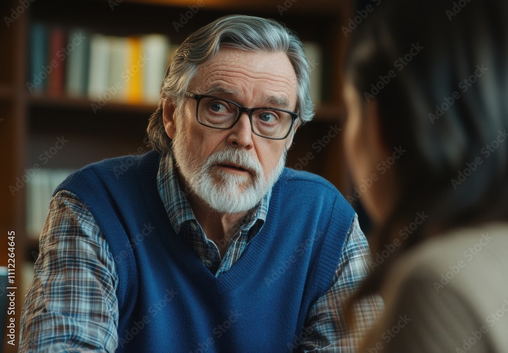 Elderly man with glasses in blue vest engages in thoughtful conversation with a young woman in a professional setting with blurred books in the background Elderly man with glasses in blue vest engages in thoughtful conversation with a young woman in a professional setting with blurred books in the background