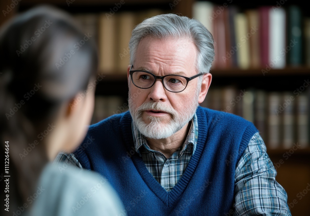 Thoughtful Elderly Man Engaging in Deep Conversation with Young Woman in Cozy Library Setting, Reflecting Wisdom and Connection Across Generations Thoughtful Elderly Man Engaging in Deep Conversation with Young Woman in Cozy Library Setting, Reflecting Wisdom and Connection Across Generations