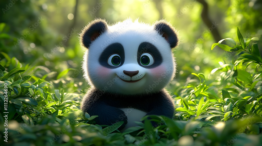 Adorable Panda Cub Smiles in Lush Green Forest Adorable Panda Cub Smiles in Lush Green Forest