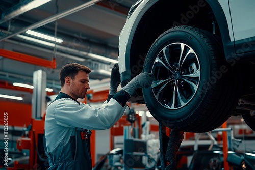 Experienced technician performs wheel alignment in a modern auto repair shop. Generative AI photo