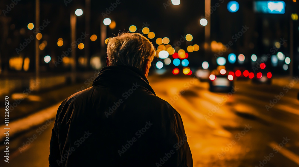 Nighttime Roadside View of Middle-Aged Man from Behind. Nighttime Roadside View of Middle-Aged Man from Behind.