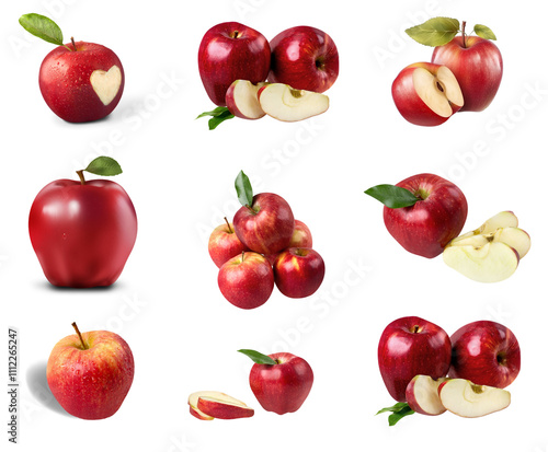 Set of Realistic ripe red Apple fruit. Whole, half and slice cut isolated fruit. 3d vector fresh, crisp sweet natural delight. Ruby-red wedges,bursting with flavor and juiciness,red apple vector set.