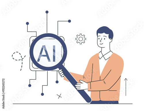 Artificial intelligence apps. Man with loupe look ai. Virtual helper and assistant. Workflow automation. Template and layout. Linear vector illustration