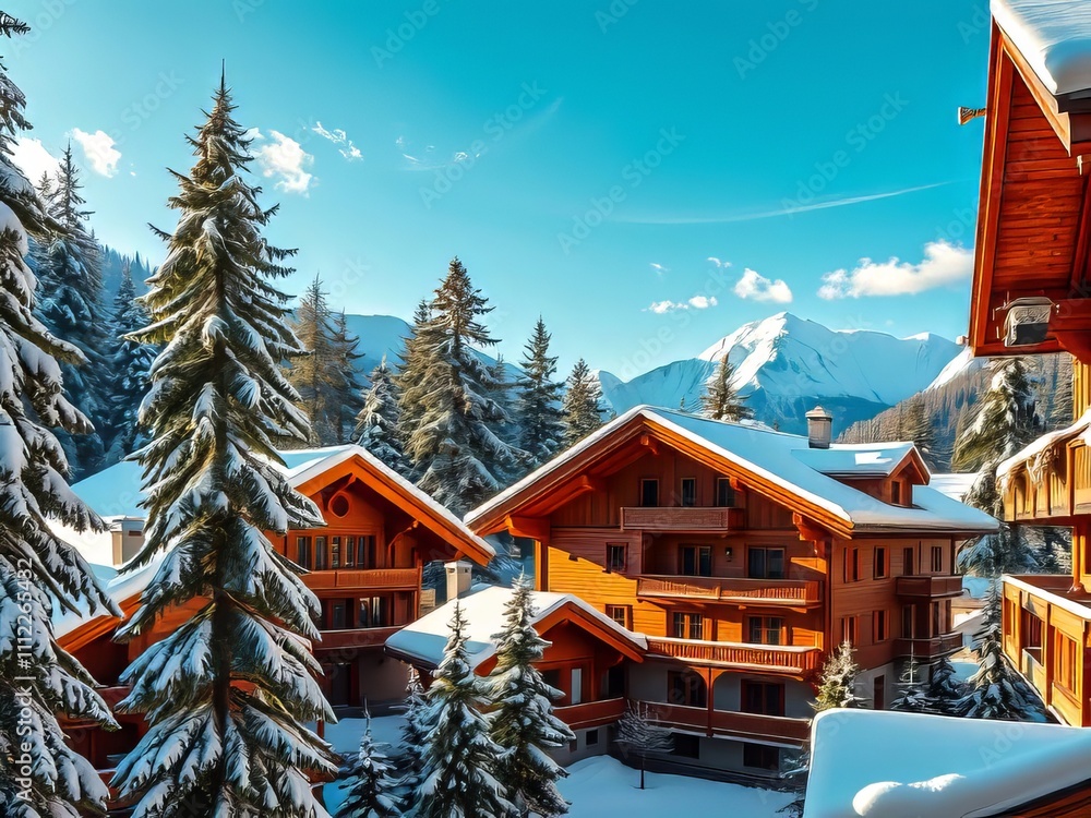 Obraz premium Swiss Alps Wooden Chalets Winter Snowscape - Vibrant Loetschental Valley