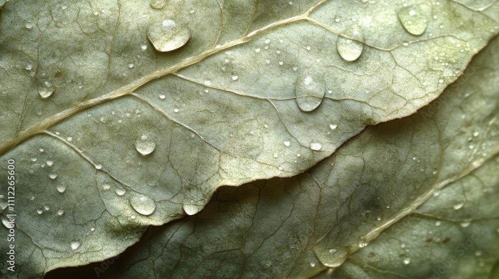 Fototapeta premium Dewdrops on Overlapping Green Leaves Texture