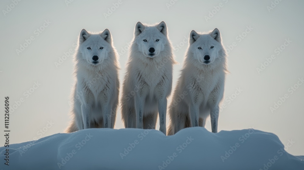 Obraz premium Majestic Arctic Wolves Standing Together on a Snowy Landscape with Soft Light Illuminating Their Fluffy White Fur and Intense Gaze Against a Winter Sky