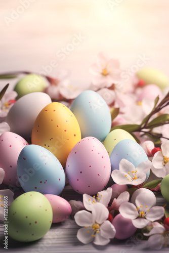 Easter background with eggs, bunnies and flowers Generative AI
