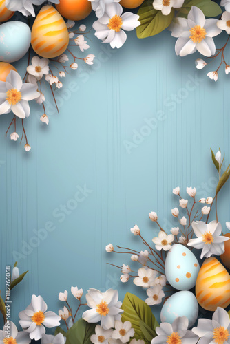 Easter background with eggs, bunnies and flowers Generative AI
