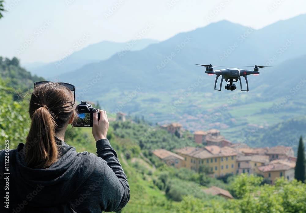 Woman Operating Drone Over Scenic Mountain View with Camera in Hand, Capturing Picturesque Landscape of Italian Countryside, Drone Photography Adventure Woman Operating Drone Over Scenic Mountain View with Camera in Hand, Capturing Picturesque Landscape of Italian Countryside, Drone Photography Adventure