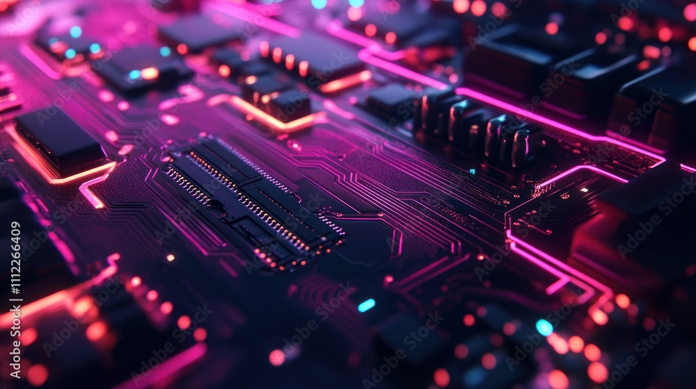 Obraz premium Circuit Board with Glowing Neon Lights