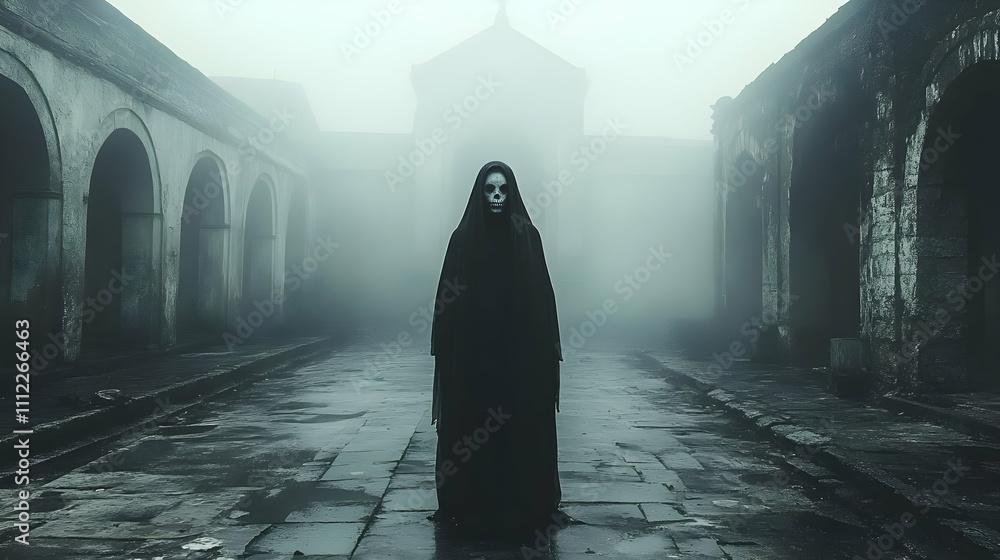 Foggy Ruins: Grim Reaper in Ancient Abbey, Mysterious and Eerie Foggy Ruins: Grim Reaper in Ancient Abbey, Mysterious and Eerie