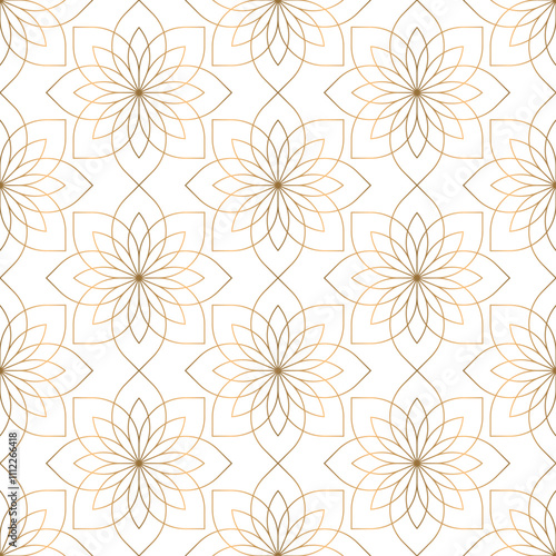 Elegant gold line pattern features intricate golden linework forming a seamless geometric design with delicate floral motifs on a white background.