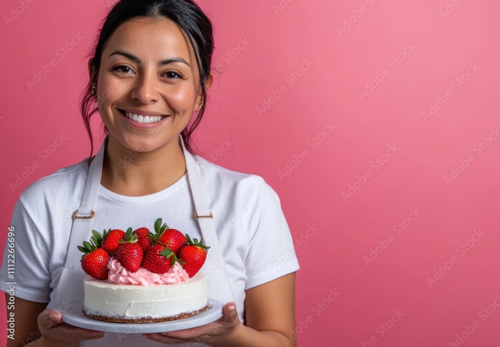 Cheerful woman holding a delicious cake topped with fresh strawberries, showcasing culinary skills against a vibrant pink background in a bright, joyful setting. Cheerful woman holding a delicious cake topped with fresh strawberries, showcasing culinary skills against a vibrant pink background in a bright, joyful setting.