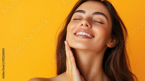 Smiling Woman Touching Neck. Waist up Portrait of Attractive Woman Touching her Skin and Smiling with Closed Eyes. Woman Appearance and skin Care Concept