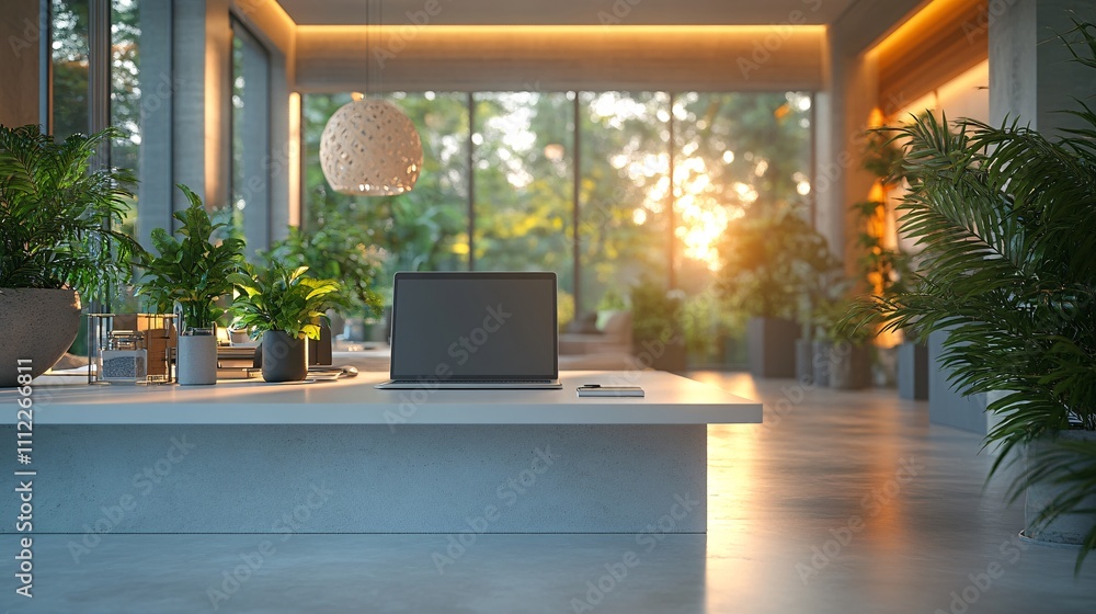 Modern doctor office with laptop, table lamp, stationery and decor on white table over blurred background. Doctor office, examination room. 3D render, 3D illustration Modern doctor office with laptop, table lamp, stationery and decor on white table over blurred background. Doctor office, examination room. 3D render, 3D illustration