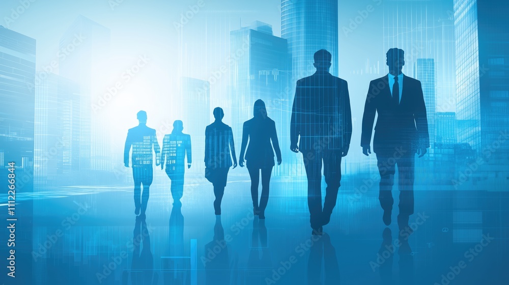 Silhouetted Business Professionals Walking in Urban Skyline, represents teamwork, ambition, and the dynamic nature of business in a bustling urban environment. Silhouetted Business Professionals Walking in Urban Skyline, represents teamwork, ambition, and the dynamic nature of business in a bustling urban environment.