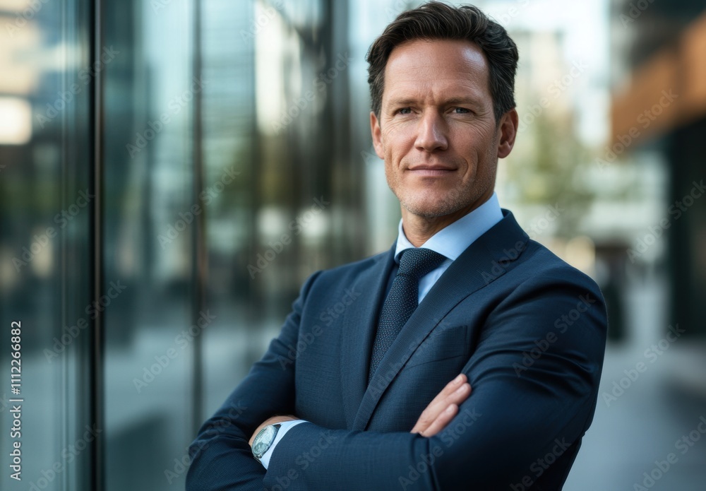 Confident Businessman Posing in Modern Urban Environment with Glass Buildings and Natural Light Highlighting Professional Attire and Charismatic Expression Confident Businessman Posing in Modern Urban Environment with Glass Buildings and Natural Light Highlighting Professional Attire and Charismatic Expression