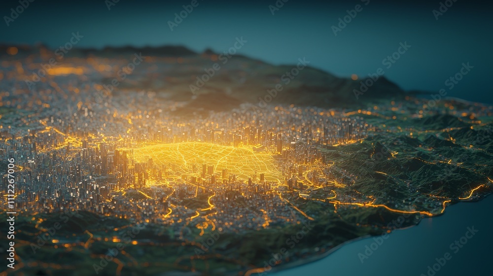 Naklejka premium Construction Contracts Driving Advanced Infrastructure Development, Aerial view of a city illuminated at night, showcasing vibrant urban lights and landscape.