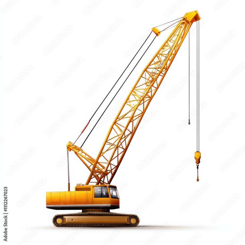 A bright yellow crane stands tall, showcasing its long arm and hook, designed for heavy lifting and construction tasks. A bright yellow crane stands tall, showcasing its long arm and hook, designed for heavy lifting and construction tasks.