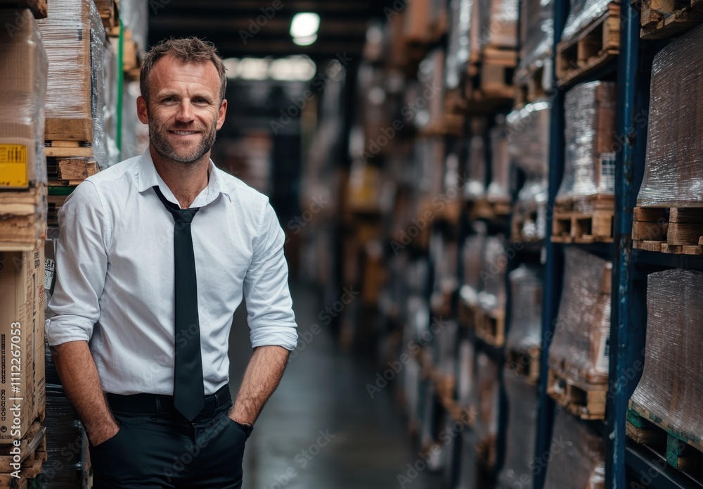 Confident Warehouse Manager in a Modern Storage Facility Smiling with Hands in Pockets Surrounded by Stacked Pallets and Boxes in a Well-Organized Environment Confident Warehouse Manager in a Modern Storage Facility Smiling with Hands in Pockets Surrounded by Stacked Pallets and Boxes in a Well-Organized Environment