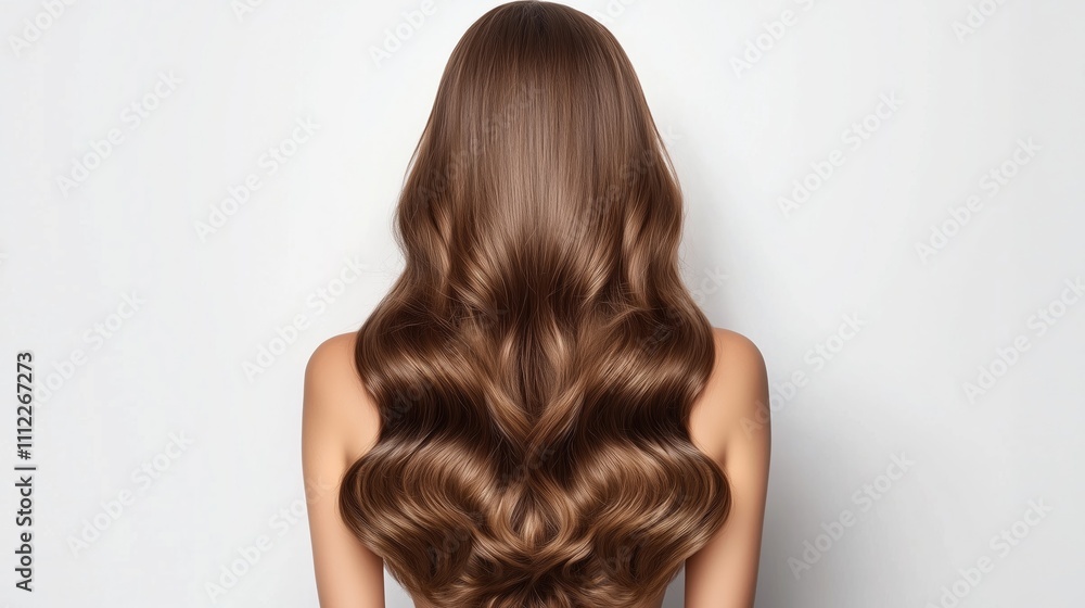Fototapeta premium Back View of Woman With Luxurious Long Brown Wavy Hair. Ideal for salons, hair product advertisements, and beauty consultations.