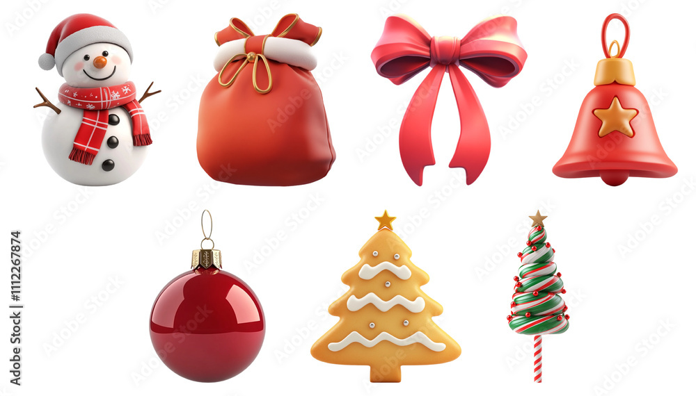 Pack Snowman, Gift Bag, Bow, Bell, Ornament, Gingerbread Tree, and Candy Cane Tree set Against Transparent Background Featuring 3D Festive Christmas Icons Pack Snowman, Gift Bag, Bow, Bell, Ornament, Gingerbread Tree, and Candy Cane Tree set Against Transparent Background Featuring 3D Festive Christmas Icons