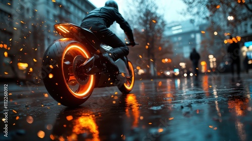 A motorcyclist zooms through a rainy city, with neon-lit tires illuminating the wet street, creating an exciting blend of motion and light in a futuristic setting. photo