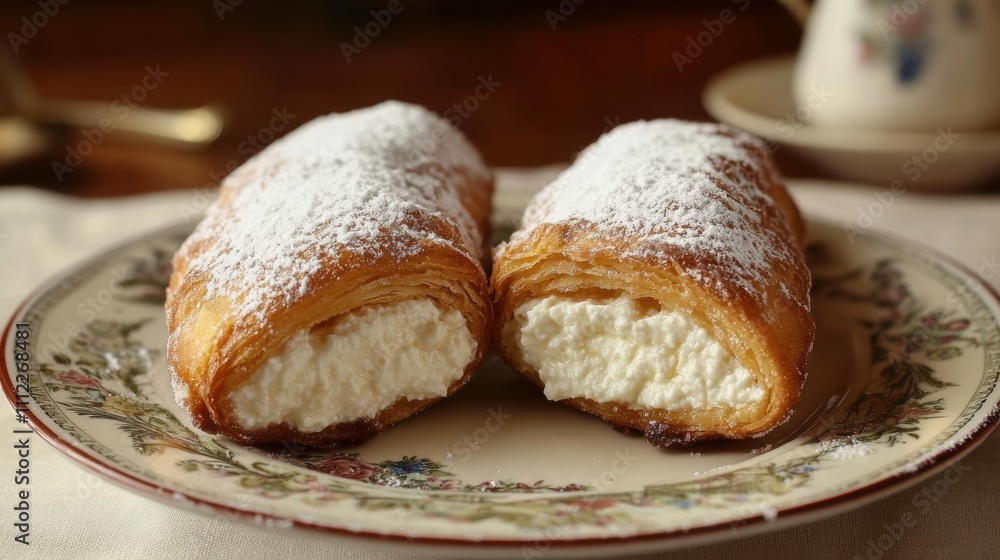 Flaky Pastry with Cream Filling on Ornate Plate Perfect for Gourmet Dessert Photography and Culinary Artwork Flaky Pastry with Cream Filling on Ornate Plate Perfect for Gourmet Dessert Photography and Culinary Artwork