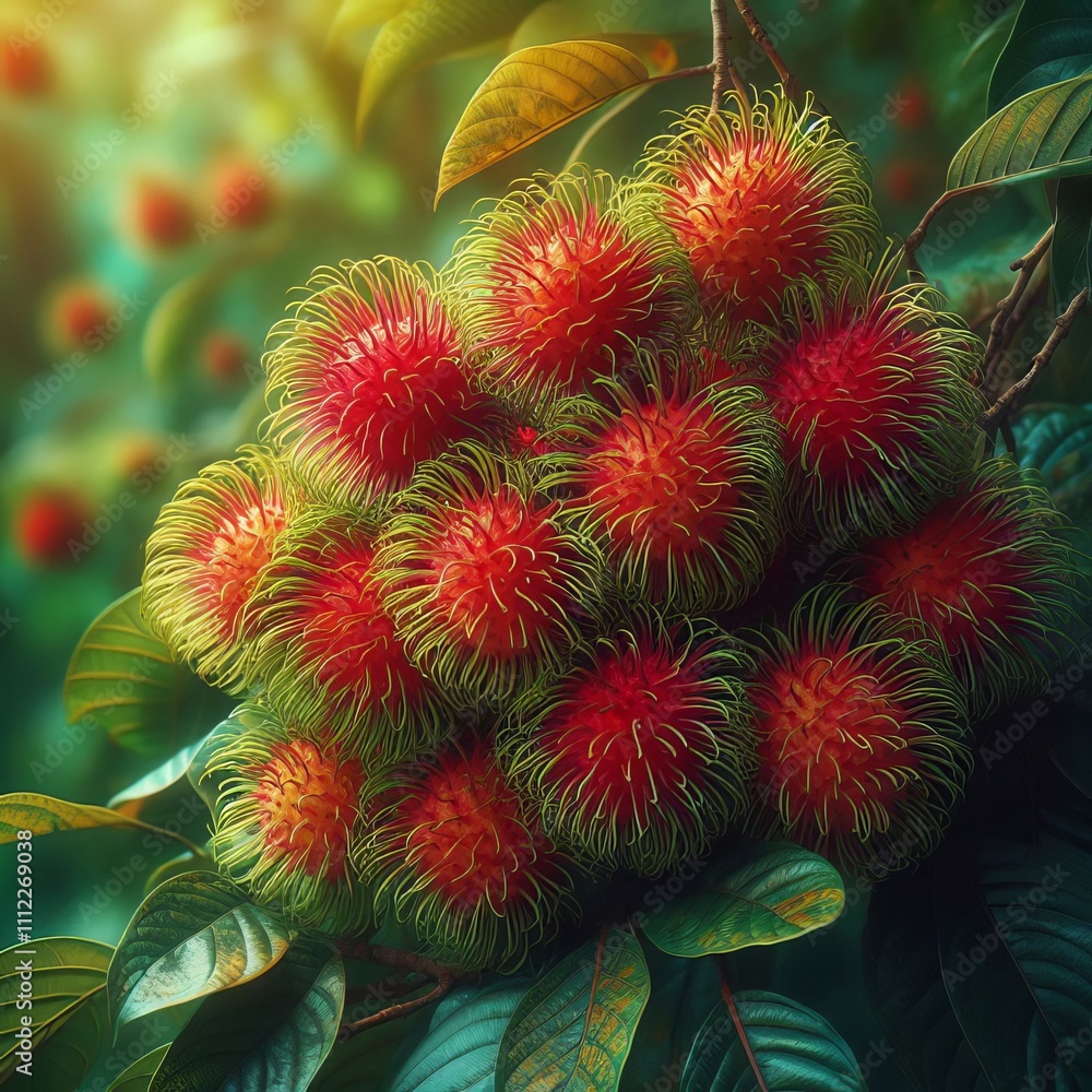 Rambutan on a Tree Spiky red rambutans clustered together on a t Rambutan on a Tree Spiky red rambutans clustered together on a t