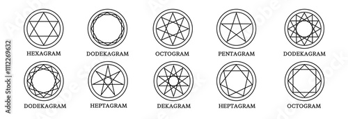 Abstract outline of pentagrams, hexagons, and mystical shapes in a simple, magical style. This minimalistic set is ideal for esoteric, spiritual, and alchemical themes.