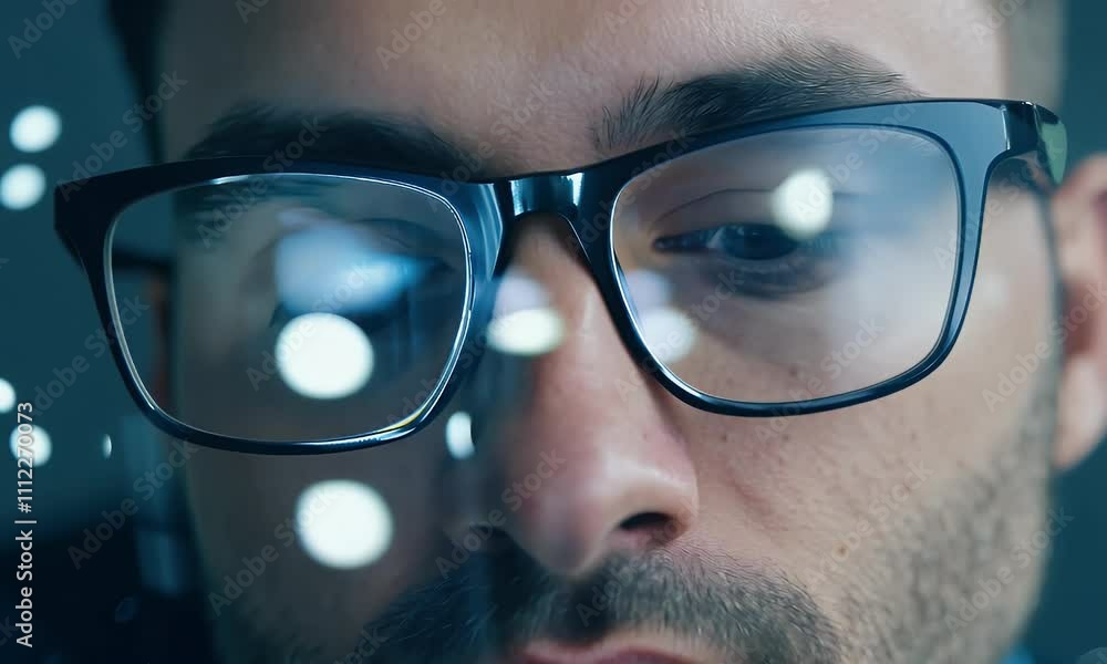 Focused Gaze: A Close-Up Portrait of a Man Wearing Glasses, Reflecting Light Focused Gaze: A Close-Up Portrait of a Man Wearing Glasses, Reflecting Light