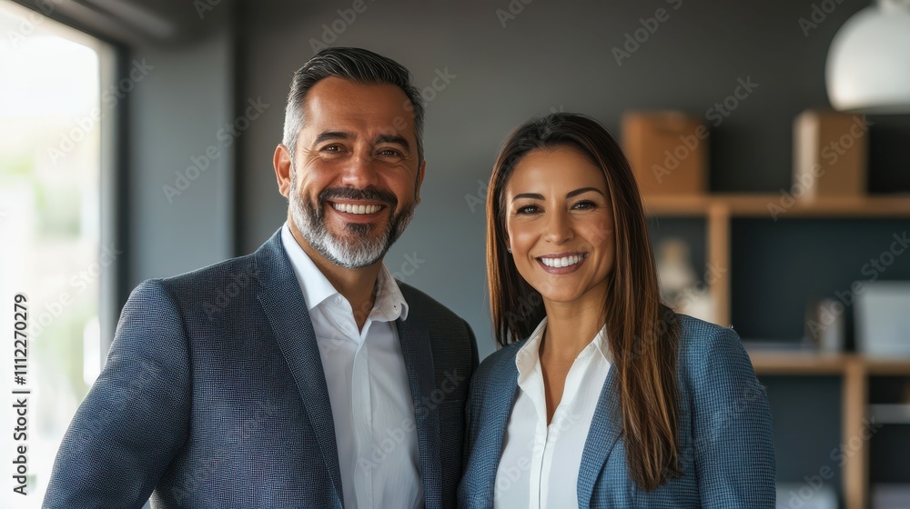Smiling Latin middle aged business man and woman in office, portrait. Two happy confident professional mature corporate executive leaders company managers standing in office looking at camera. Smiling Latin middle aged business man and woman in office, portrait. Two happy confident professional mature corporate executive leaders company managers standing in office looking at camera.