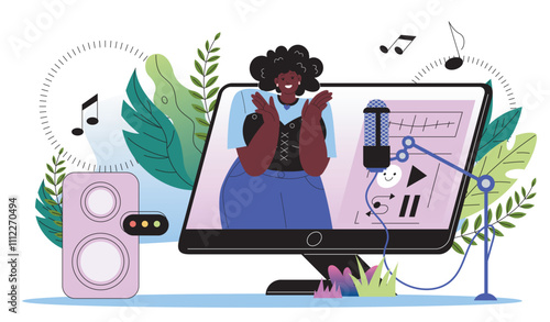 Audio engineer online service. Woman with microphone on computer screen. Mixing music on Internet. Freelancer and remote worker. Flat vector illustration