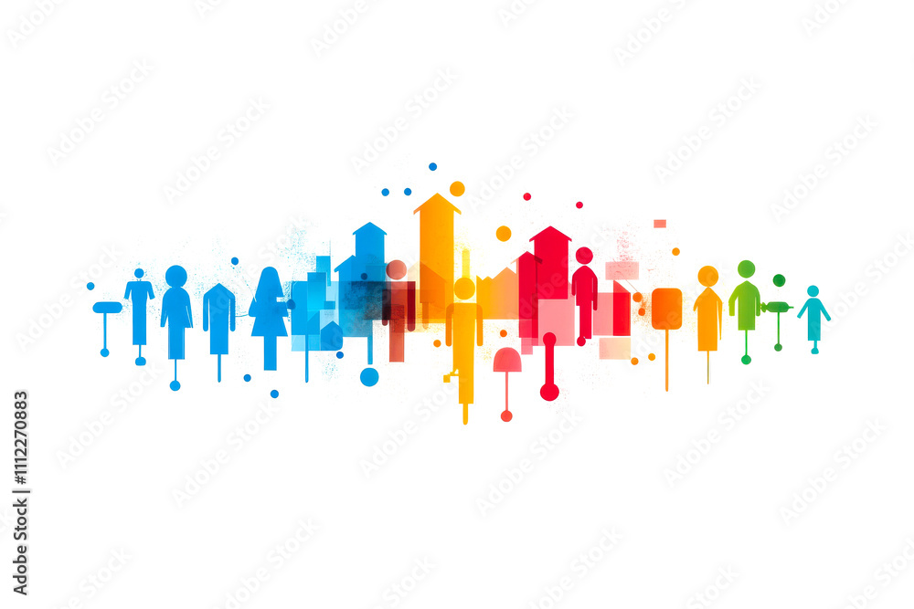 A colorful silhouette design featuring diverse figures and buildings, representing community, connectivity, and urban life. A colorful silhouette design featuring diverse figures and buildings, representing community, connectivity, and urban life.