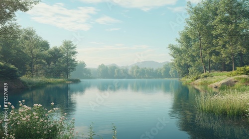 A tranquil lake with trees in the background, peaceful and serene, sense of calm and natural beauty, ideal for a landscape or nature-inspired design.